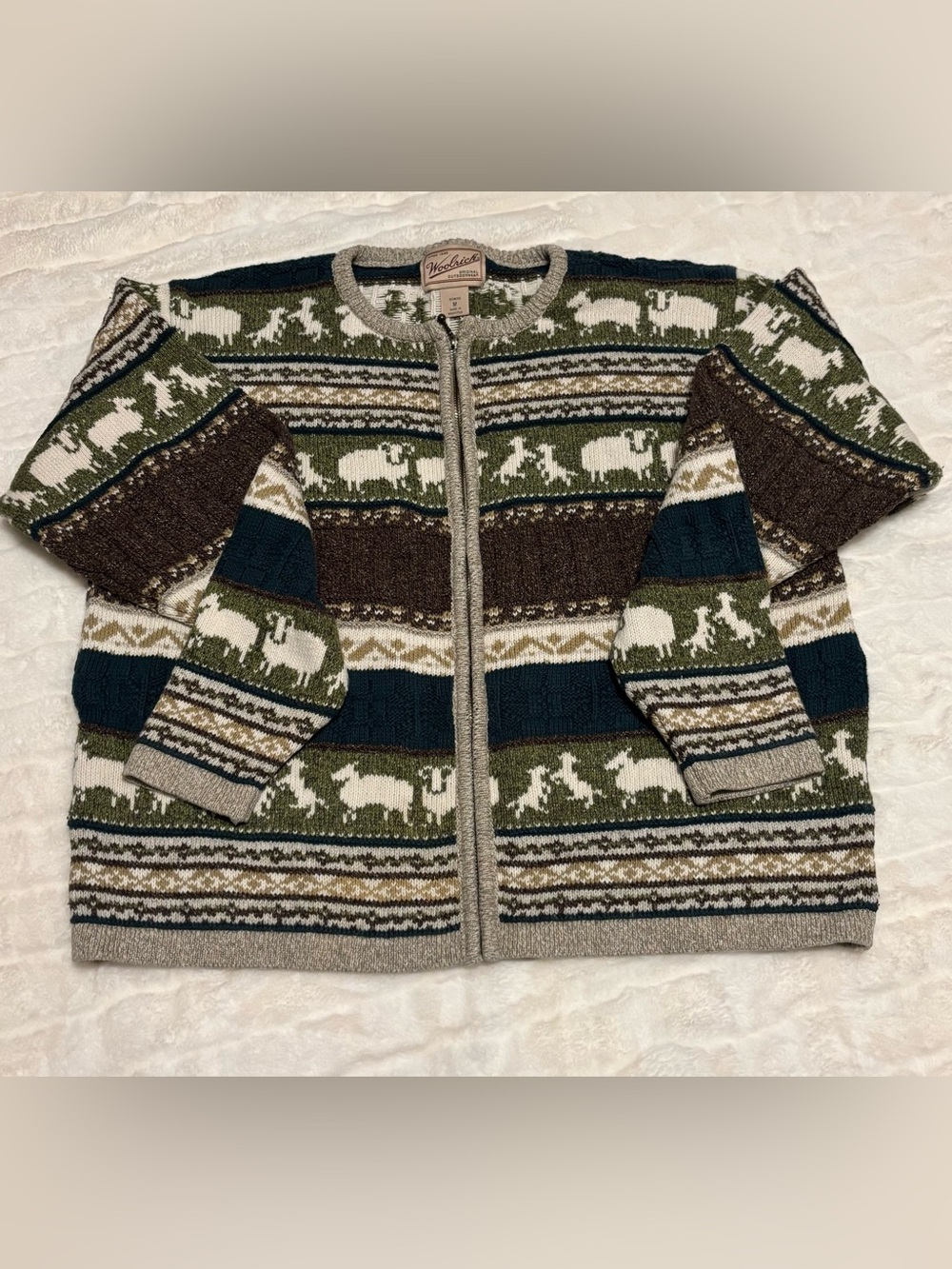 Vtg Woolrich Cottagecore Sheep Fair Isle Full Zip Knit Cardigan Sweater Sz: med